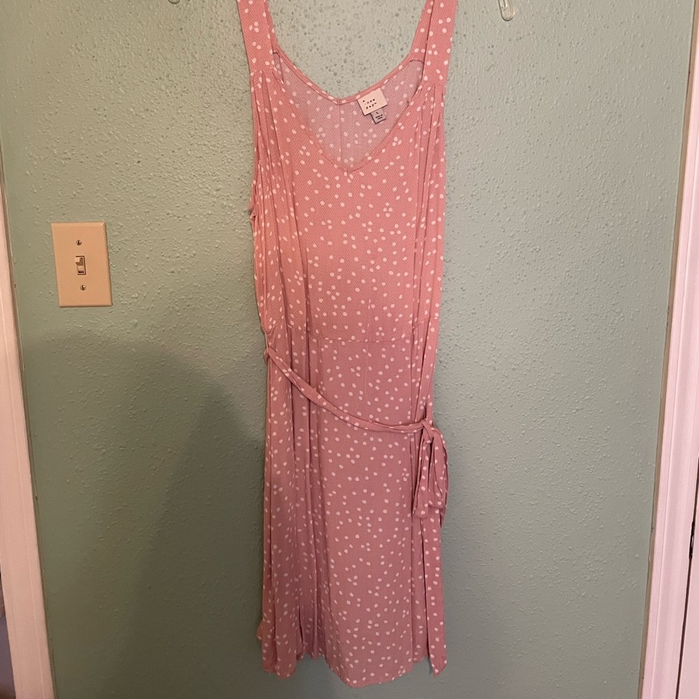 Pink and white polka dot sleeveless dress. Size large. Lightweight.